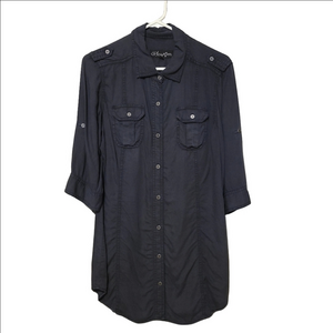 Blossom Boho Shirt Dress Navy Blue Denim Inspired Button Down 3/4 Sleeves EUC
